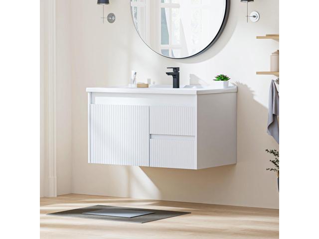 Floating Bathroom Vanity with Sink, 32 Inch Wall Mounted Bathroom Vanity with 2 Drawers and Wave-Carved Design Door, Modern Wooden Cabinet with.
