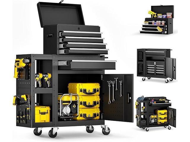 5 Drawers Rolling Tool Chest, Tool Box Protective Mat & Tool Rack, Garage Storage Cart with Side Cabinet, Detachable Top Metal Tool with Locking.