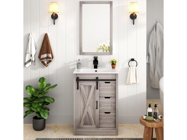 24 Inch Bathroom Vanity with Sink & Faucet & Mirror, Farmhouse Bathroom Vanity Cabinet Set with Sliding Barn Door & Drawers, Small Single Bath.
