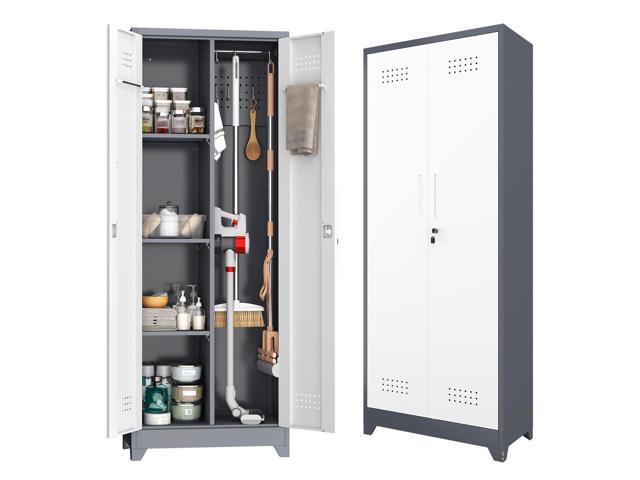 Metal Storage Cabinet with Lockable Doors, 65' Steel Utility Cabinet for Garage & Home Office, Tall Broom Closet with Adjustable Shelves, Vents &.