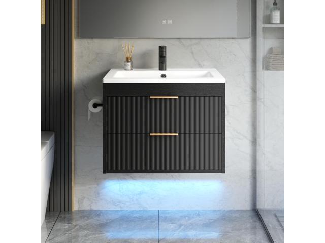 24 Inch Floating Bathroom Vanity with Sink & Towel Holder, Fluted Wall Mounted Vanity Cabinet for Small Bathroom, Modern Combo with LED Light,.
