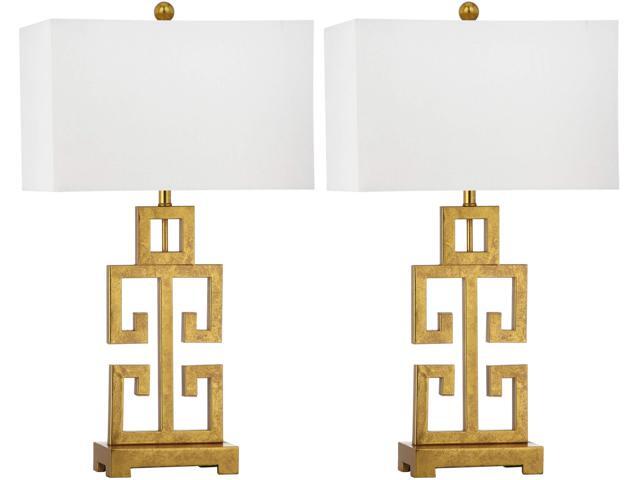 Lighting Collection Greek Key Table Lamp Set of 2 Antique Gold Metal Base with White Fabric Shade, LED Bulbs Included, 29-Inch Bedroom Living...