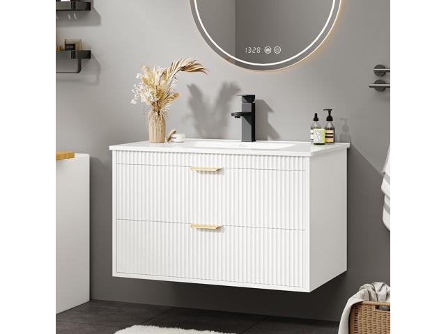 24 Inch Bathroom Vanity with Sink, Wood Grain Wall Mounted Vanity with 2 Storage Darwers, Floating Bathroom Vanity with Storage, Bathroom Floating.
