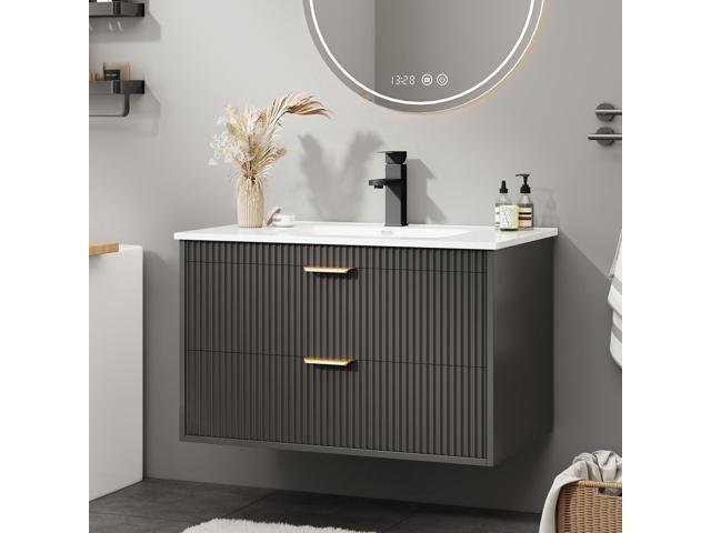 24 Inch Bathroom Vanity with Sink, Wood Grain Wall Mounted Vanity with 2 Storage Darwers, Floating Bathroom Vanity with Storage, Bathroom Floating...