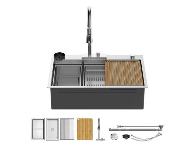 33 Inch Waterfall Kitchen Sink with Faucet, 33x19 Drop In Workstation Sink 18 Gauge Single Bowl Smart Basin with Cup Washer, Cutting Board & All...