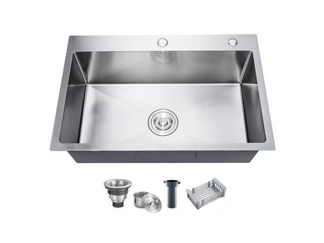 33 Inch Drop In Kitchen Sink, 16 Gauge Stainless Steel Kitchen Sink Single Bowl Sinks with Drain Strainer (33'x19'x9')