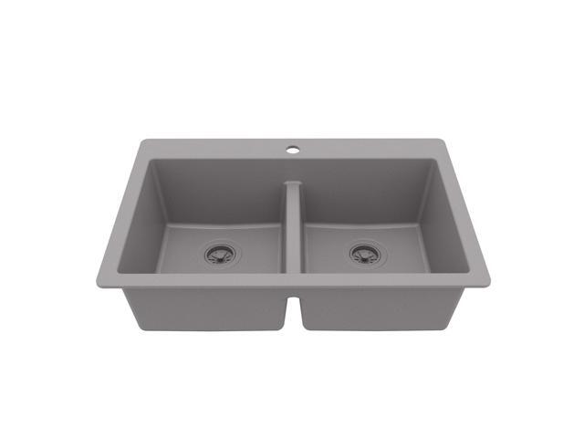 33' Grey Quartz Composite Double Bowl Kitchen Sink Top Mount Drop-In 50/50 Low Divider, 80% Natural Quartz, 535°F Heat Resistant, Sound Dampening,.