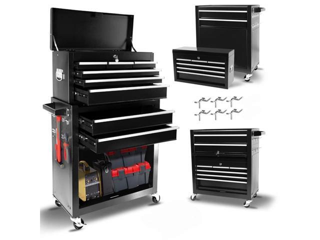 8-Drawer Rolling Tool Chest with Wheels & Detachable Top Toolbox - Heavy-Duty Tool Storage Organizer for Garage, Workshop, Includes 6 Hooks, Black