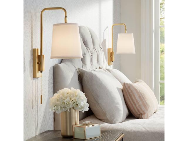 Luca Modern Swing Arm Wall Lamps Set of 2 Warm Brass Metal Plug-in Light Fixture White Fabric Drum Shade for Bedroom Bedside House Reading Living...