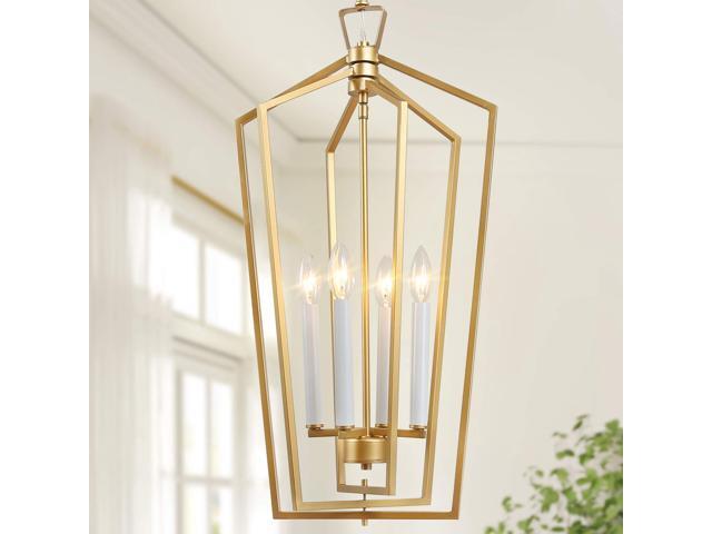 Gold Chandelier, 4-Light Gold Lantern Pendant Light with Adjustable Framework for Kitchen, Dining Room, 14' W x 28.3' H