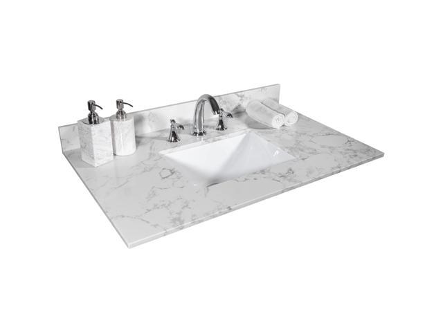 31 Inch Bathroom Vanity Top Stone, Carrara White Engineered Marble Stone Vanity Sink Top with Undermount Ceramic Sink and Back Splash with 3 Faucet.
