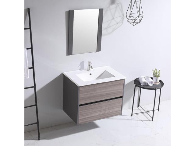 24' Modern Bathroom Vanity Cabinet with Drop-in Ceramic Sink, Mirror,Chrome Faucet, Under-Sink Storage(24' Gray Cabinet & White Sink)