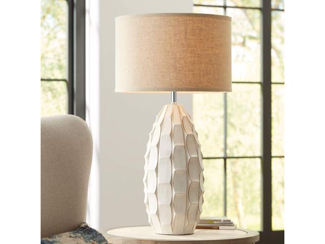 Cosgrove Mid Century Modern Coastal Table Lamp 32.75' Tall Ceramic White Handcrafted Beige Fabric Drum Shade Decor for Living Room Bedroom House.