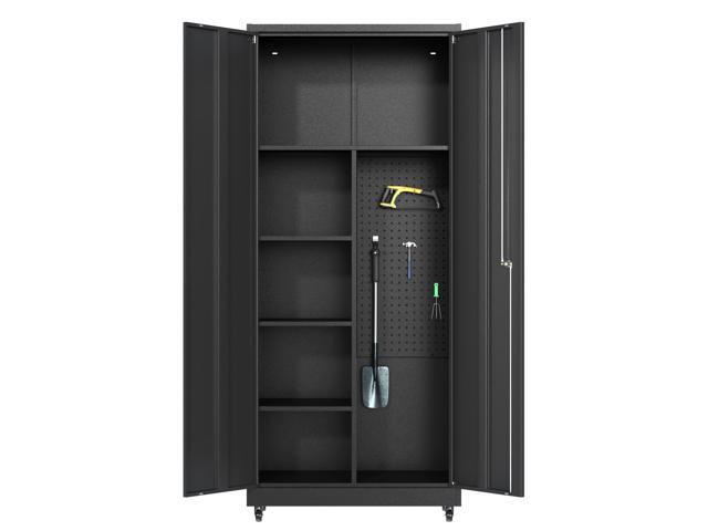 Garage Cabinet with 4 Wheels, 71' H Tool Storage Cabinets, Garage Storage Cabinet with Adjustable Shelves, Broom Closet Cabinets for Utility.