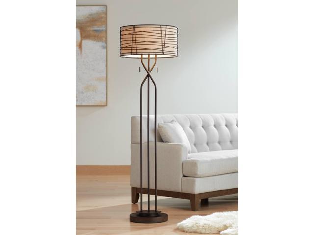 Marlowe Industrial Rustic Farmhouse Floor Lamp Standing 60 1/2' Tall Bronze Woven Iron Metal Burlap Fabric Double Drum Shade for Living Room...