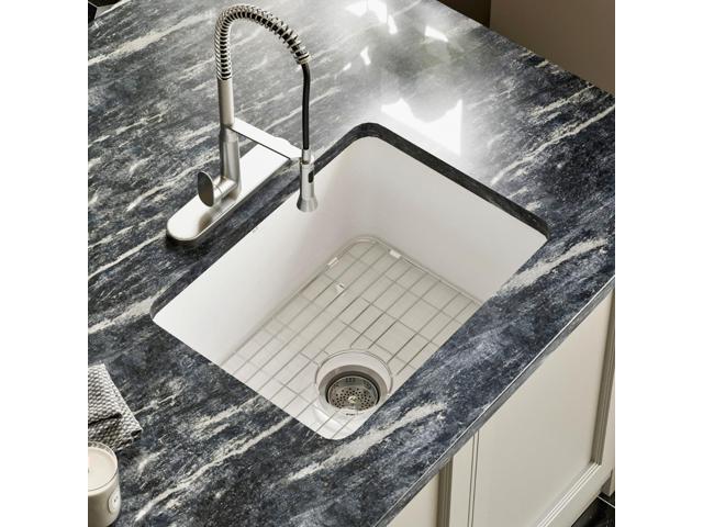 24 Inch Undermount White Kitchen Sink, 24L×19W Small Single Bowl Fireclay Sinks, 10 Inch Deep Outdoor White Sink with Grid and Drain Strainer