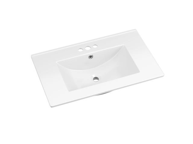30'x18Â¼' Bathroom Vanity Sink Top with Three Holes, Ceramic Vanity Sink Top with Overflow, Drop in Bathroom Vessel Sink Rectangle, Glossy White