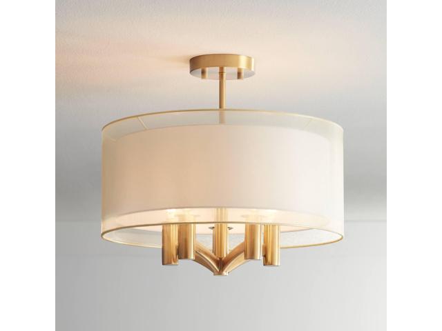 Caliari Modern Close to Ceiling Light Semi Flush Mount Fixture 18' Wide 5-Light Warm Brass Gold Double Drum Shades for Bedroom Hallway Living Room.