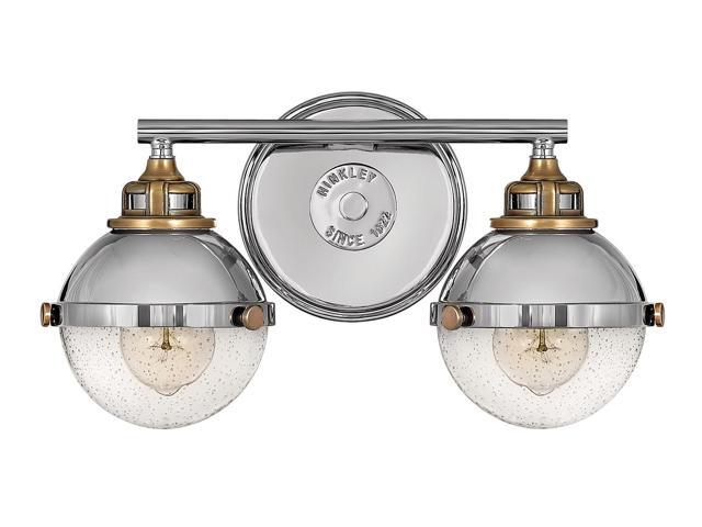 Fletcher 5172PN Two-Light Bath Vanity Fixture, Vintage Industrial Fixture, Clear Seedy Glass, Bath and Beyond, Polished Nickel and Heritage Brass