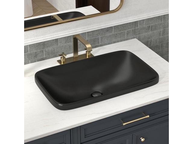 24W x 15D Matte Black Semi Recessed Bathroom Sink, 24 Inch Rectangle Semi Recessed Vessel Sink With Pop-up Drain, Ideal Black Ceramic Drop In... 24W x 15D Matte Black Semi Recessed Bathroom Sink, 24 Inch Rectangle Semi Recessed Vessel Sink With Pop-up Drain, Ideal Black Ceramic Drop In...
