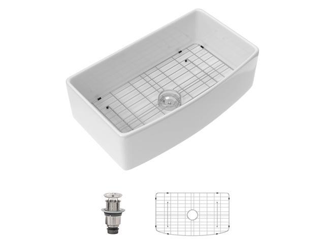 33 Inch Curved Farmhouse Sink, White Fireclay Apron Front Sink, Single Bowl Ceramic Farm Kitchen Sink with Smooth Arc Edge, 33'x19'x10' #DC-A8875