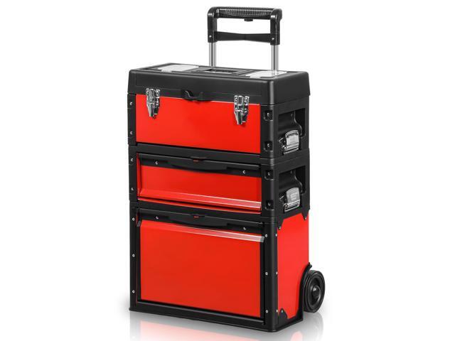 Stackable Tool Box 3-Tier Tool Separate Organizer Rolling Tool Chest with Wheels 3-in-1 Upright Trolley for Garage or Workshop, Red