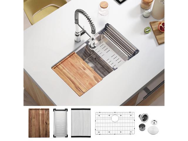30-inch Undermount Handmade Workstation 304 Stainless Steel Kitchen Sink Single Bowl Basin With Grid cutting board colander drying rack and Strainer