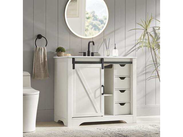 Farmhouse Bathroom Vanity with Sink Combo, 36' Sliding Barn Door Bathroom Vanities w/Ceramic Basin & 4 Drawers, Freestanding Thicken Single Sink.