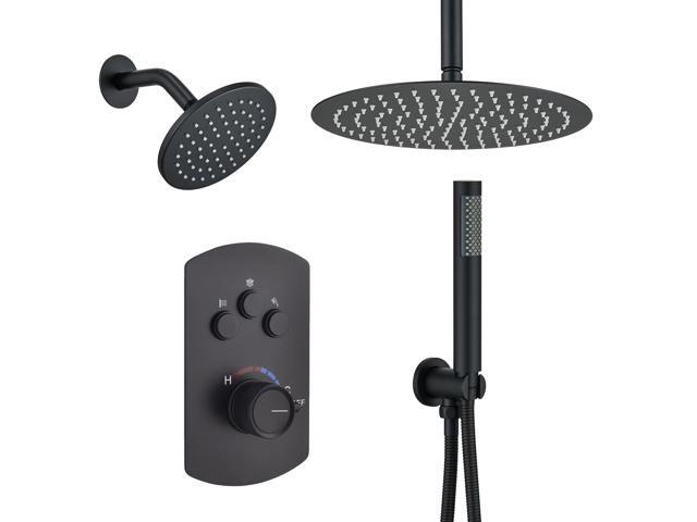 12 Inch Ceiling Mounted Black Shower System, Dual Rainfall Shower Head & High Pressure Handheld Spray Combo, 3-Function Luxury Shower Faucet Set...