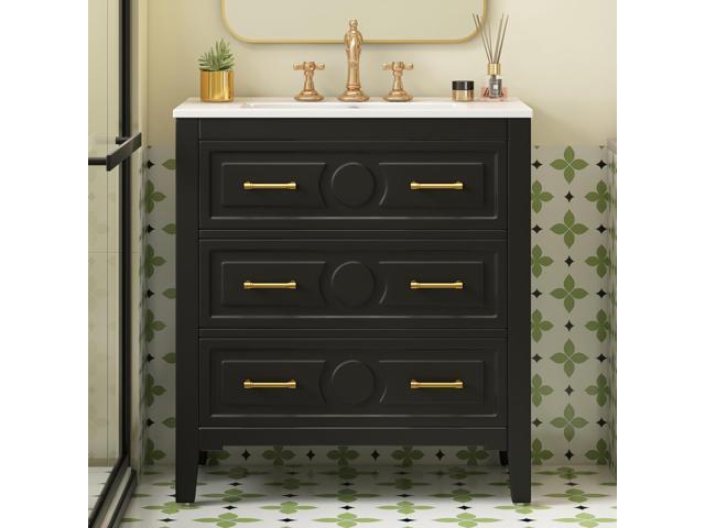 30' Bathroom Vanity with Sink Top, 3-Drawer Bathroom Vanity Storage Cabinet with Gold Pulls, Tip-Out Drawer, Solid Wood Frame Bath Storage Vanity...