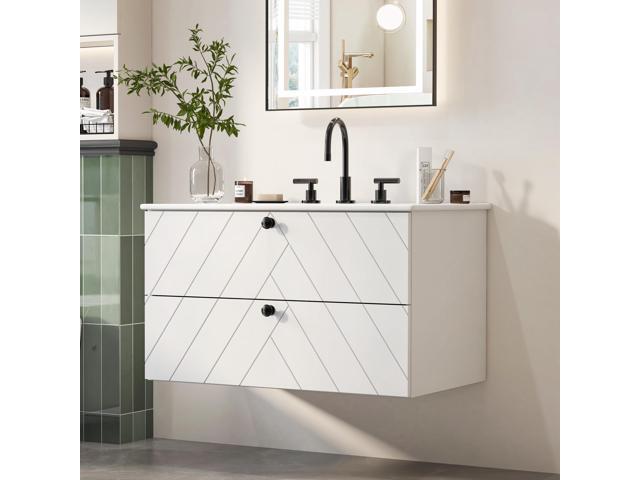 30' Floating Bathroom Vanity with Sink Combo, Modern Wall Mounted Bathroom Vanity with Sink, Bathroom Sink Cabinet with 2 Fluted Drawers,...