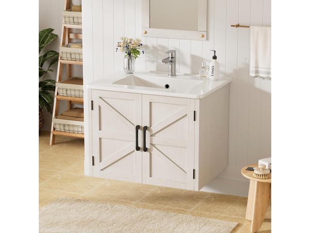 24' Floating Bathroom Vanity with Sink, Farmhouse Bathroom Vanities with Ceramic Sink & 2 Cabinets, Wall Mounted Bathroom Sink Cabinet with...