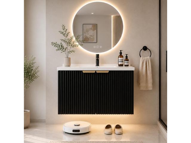 30' Floating Bathroom Vanity with Sink, Wall Mounted Bathroom Vanity Set with Fluted Doors, USB-Powered RGB LED Strip, Soft-Close Doors, Gold.