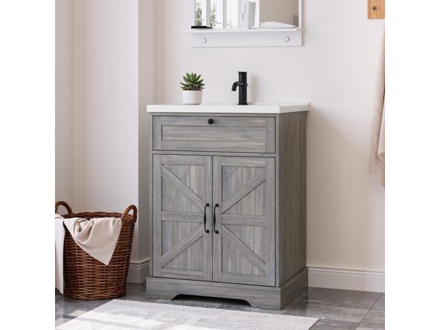 23.62' Bathroom Vanity with Ceramic Sink, Farmhouse Bathroom Vanity Cabinet with Barn Door & Drawer, Freestanding Floor Storage Cupboard with Sink...