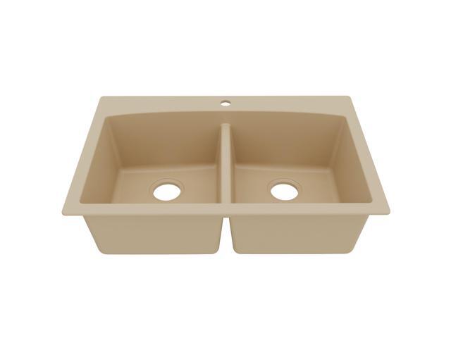 QT-710 33 Inch Top Mount Double Bowl Kitchen Sink, 50/50 Low Divide Quartz Composite Drop-In Sink, Rear Drain, Heat and Scratch Resistant, Bisque