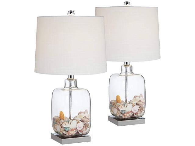 Coastal Accent Table Lamps 21 3/4' High Set of 2 Brushed Steel Clear Glass Fillable White Drum Shade Decor for Living Room Bedroom House Bedside...