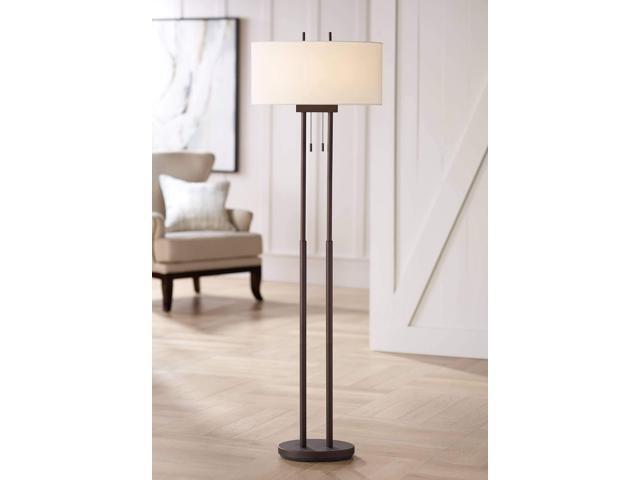 Roscoe Modern Standing Floor Lamp 62' Tall Oil Rubbed Bronze Brown Twin Poles White Fabric Hardback Oval Shade Decor for Living Room Reading House.