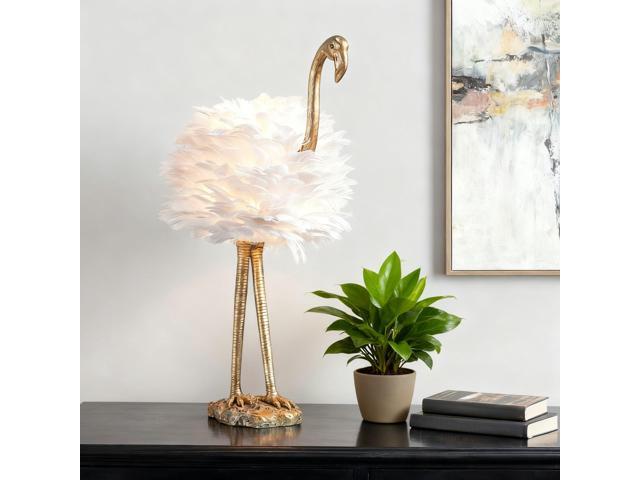 Flamingo Table Lamp, 29.5' Gold Resin Feather Lamp White Feather, Coastal Decorative Animal, Nightstands, Bedside, Seaside Tables, Bedroom,...
