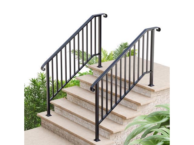 2 Pack Handrails for Outdoor Steps, 5 Step Wrought Iron Stair Railing Kit Fits 4 or 5 Steps, Metal Hand Rail with Installation Kit, Staircase...