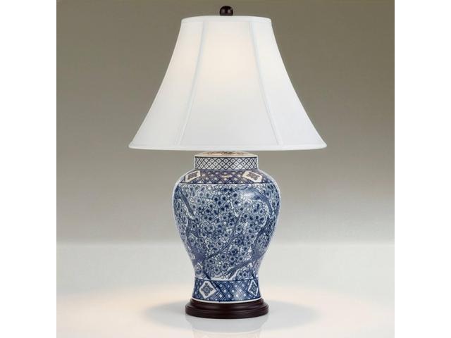 Shonna Traditional Asian Chinese Ginger Jar 3-Way Table Lamps with Table Top Dimmer 27' Tall Blue Porcelain White Shade for Living Room Bedroom.