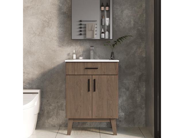 24 inch Bathroom Vanity with Sink, Modern Single Basin Vanity with Soft Closing Doors & Metal Handles, Easy Installation Brown Bathroom Cabinet.
