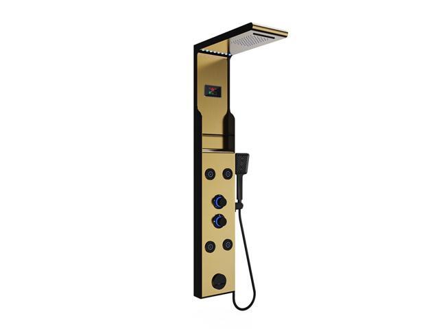 LED Rainfall Shower Head and Rain Massage System with Body Jets Stainless Steel Bathroom Shower Panel Tower System with Shelf, Brushed Gold & Black