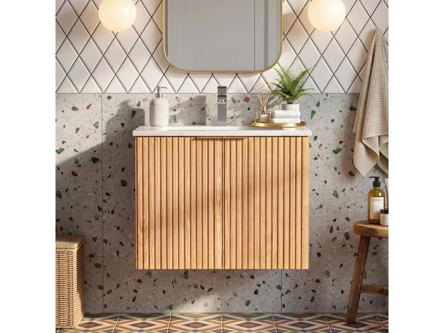 24 Inch Bathroom Vanity with Sink, Wall Mounted Floating Cabinet with Ceramic Basin, Waterproof Engineered Wood for Powder Room & Small Bathroom