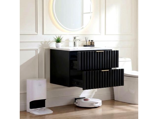 Bathroom Vanity with Sink Combo, Wall Mounted Black Fluted Cabinet with 2 Golden Metal Handle Drawers, Modern Floating Bathroom Cabinet with...