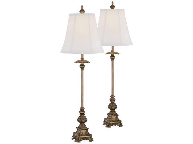 Juliette Traditional French Country Style Buffet Table Lamps 36.5' Tall Skinny Set of 2 Antique Gold Ornate Base White Fabric Bell Shade Decor for.