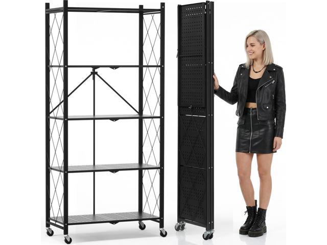 70.7' Tall Extra Large 5-Tier Folding Storage Shelf with Wheels, No Assembly Collapsible Metal Rack with Leveling Feet for Garage, Pantry,.