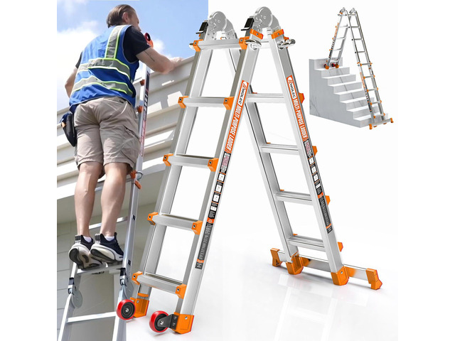 17FT A Frame Extension Ladder, Aluminum Alloy 5-Step Ladder with Stabilizer Bar & Rolling Wheels, 330 LBS Heavy Duty, Multi-Use Ladder for Stairs...