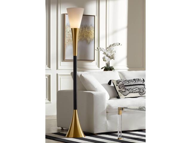 Piazza Mid Century Modern Glam Style Torchiere Floor Lamp 72.5' Tall Black Antique Brass Metal White Glass Shade for Living Room Reading House...