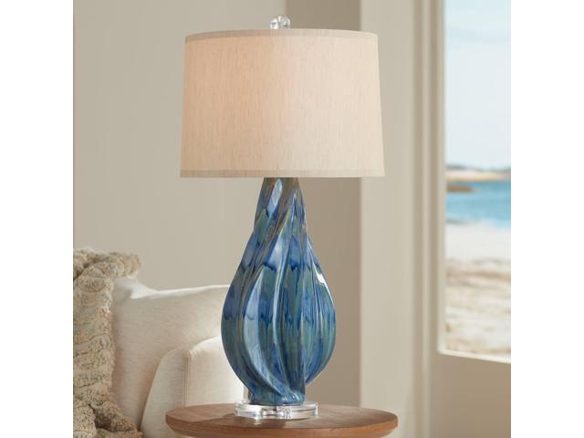 Teresa Modern Table Lamp with Dimmer and USB Charging Port 31' Tall Teal Blue Ceramic Beige Fabric Drum Shade Living Room Bedroom House Bedside.