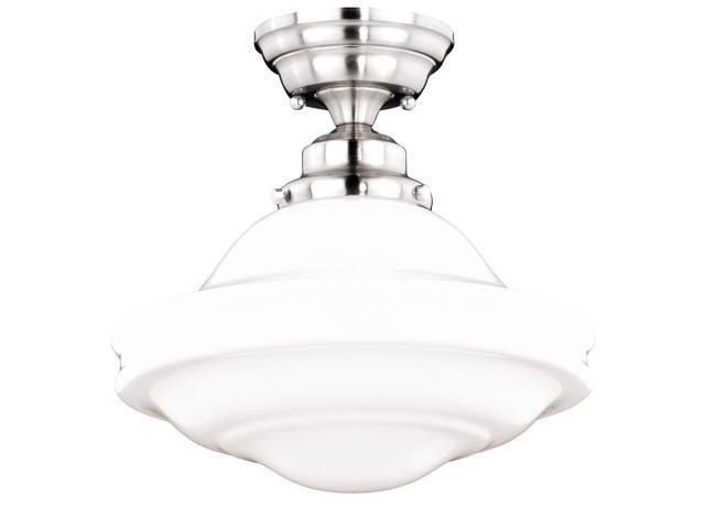 Huntley 12 Inch Schoolhouse Semi Flush Light, Satin Nickel Finish, White Milk Glass, Dimmable Ceiling Mounted Lighting